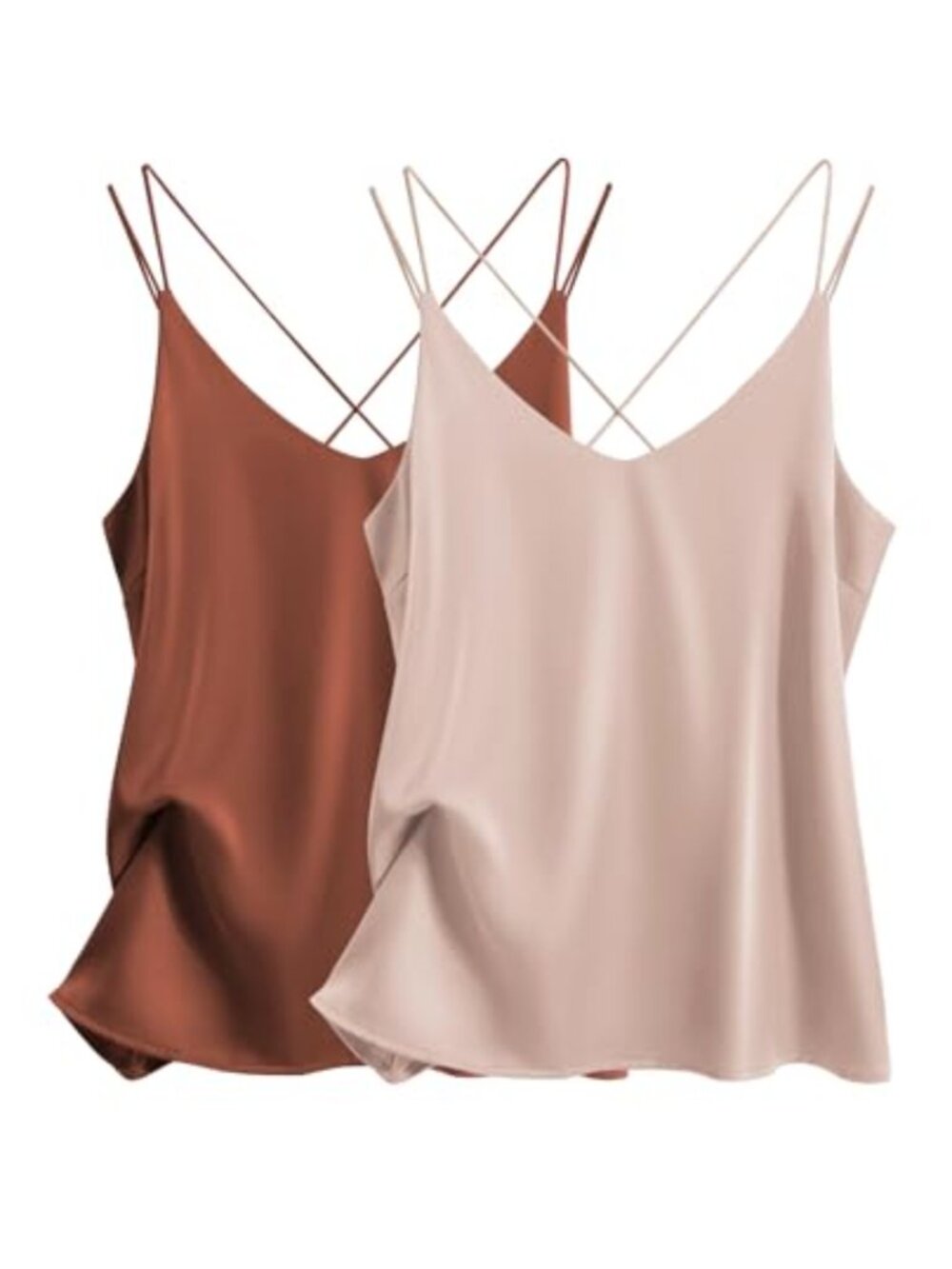 2-Pack Silk Satin Camisole Tank Tops, V Neck Criss Cross Back, Sleeveless, S-XXL